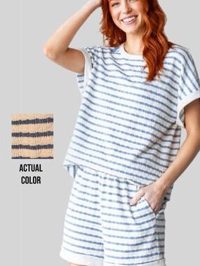HEIMISH USA Jacquard Striped Top & Short SET in Cream/Blue 3X